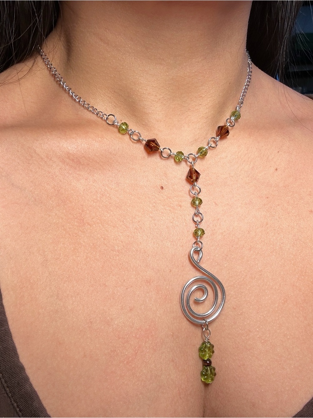 Hand Crafted Silver Spiral Y Necklace with Olive Green and brown Beads stainless